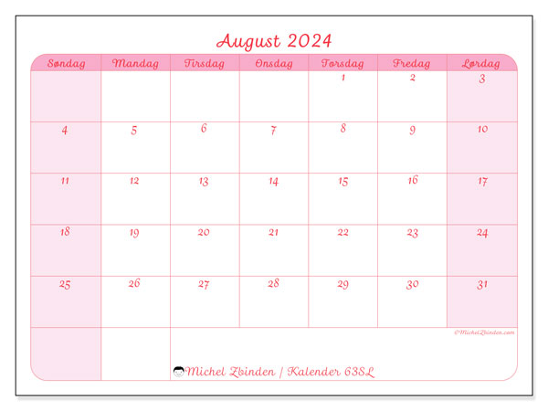 Kalender august 2024 “63”. Gratis plan for utskrift.. Søndag til lørdag