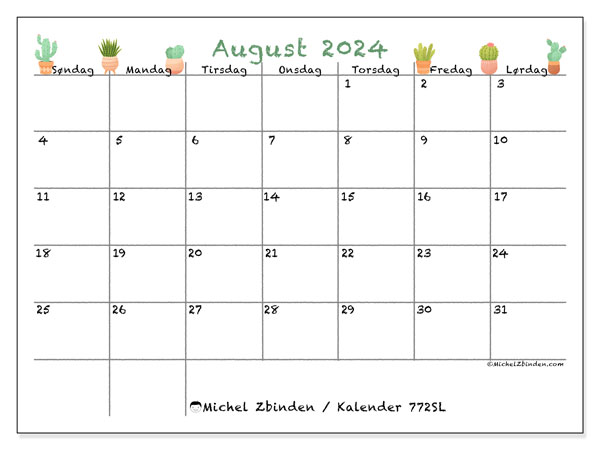 Kalender august 2024 “772”. Gratis journal for utskrift.. Søndag til lørdag