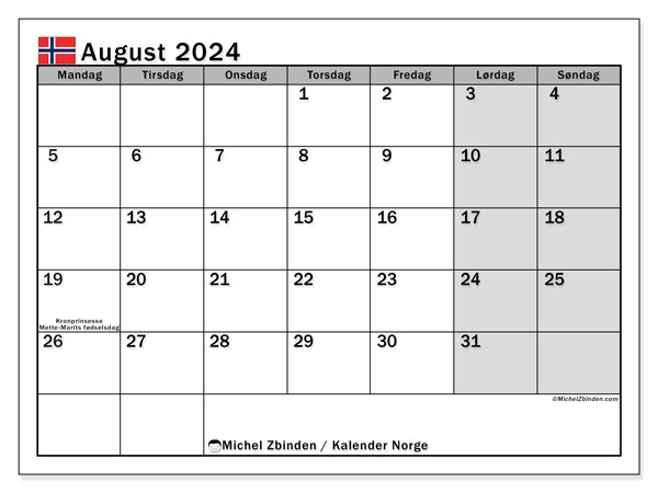 Kalender august 2024 “Norge”. Gratis kalender for utskrift.. Mandag til søndag