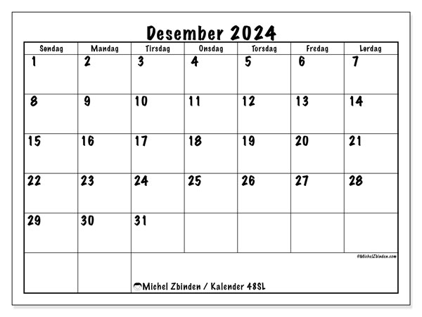 Kalender desember 2024 “48”. Gratis kalender for utskrift.. Søndag til lørdag