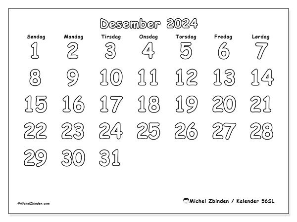 Kalender desember 2024 “56”. Gratis program for utskrift.. Søndag til lørdag