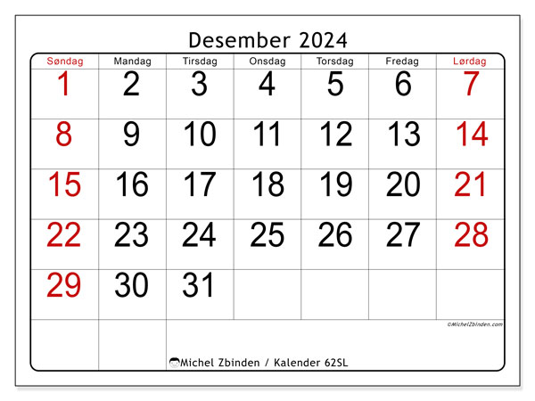 Kalender desember 2024 “62”. Gratis journal for utskrift.. Søndag til lørdag