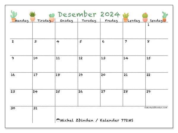 Kalender desember 2024, 772MS. Gratis journal for utskrift.