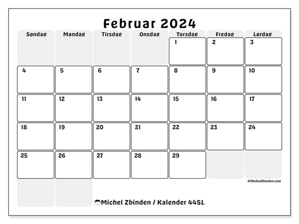 Kalender februar 2024 “44”. Gratis program for utskrift.. Søndag til lørdag