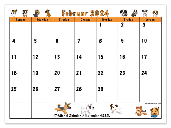 Kalender februar 2024 “482”. Gratis program for utskrift.. Søndag til lørdag
