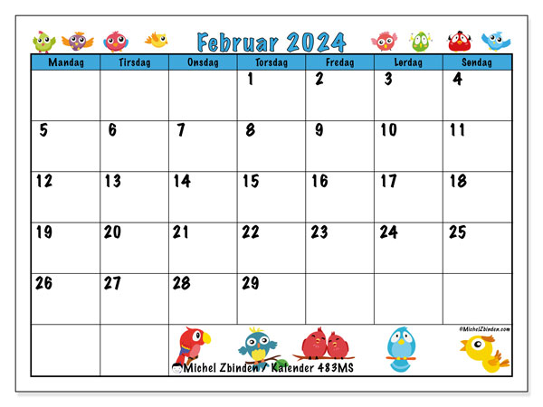 Kalender for utskrift, februar 2024, 483MS