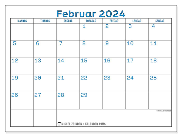 Kalender februar 2024, 49MS. Gratis kalender for utskrift.
