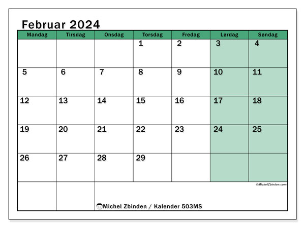 Kalender februar 2024 “503”. Gratis kalender for utskrift.. Mandag til søndag