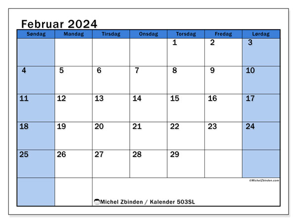 Kalender februar 2024 “504”. Gratis program for utskrift.. Søndag til lørdag