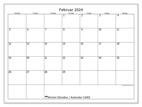 Kalender februar 2024 “53”. Gratis kalender for utskrift.. Mandag til søndag