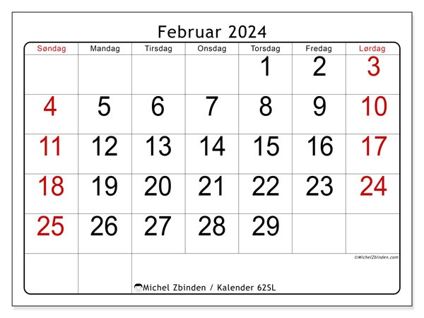 Kalender februar 2024, 62SL. Gratis kalender for utskrift.