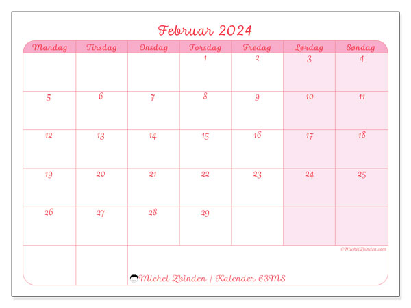 Kalender februar 2024 “63”. Gratis kalender for utskrift.. Mandag til søndag