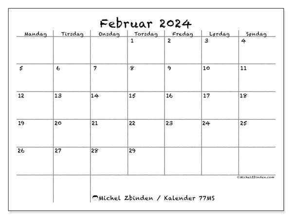 Kalender februar 2024, 77SL. Gratis journal for utskrift.