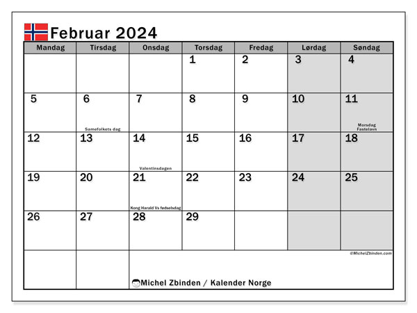 Kalendarz luty 2024, Norwegia (NO). Darmowy terminarz do druku.