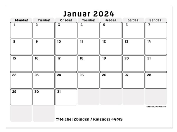 Kalender januar 2024, 44SL. Gratis kalender for utskrift.
