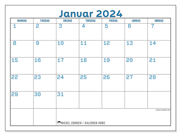 Kalender for januar 2024 for utskrift. “44MS” månedskalender og kalender gratis utskrivbar plan