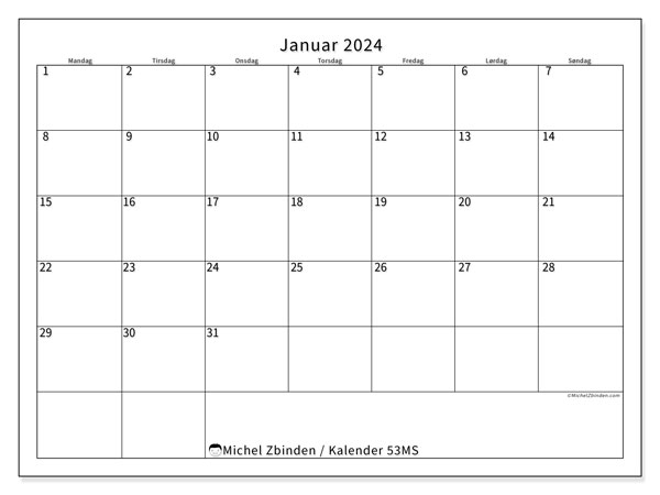 Kalender januar 2024 “53”. Gratis journal for utskrift.. Mandag til søndag