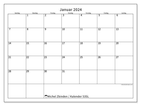 Kalender januar 2024 “53”. Gratis journal for utskrift.. Søndag til lørdag