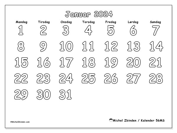 Kalender januar 2024 “56”. Gratis program for utskrift.. Mandag til søndag