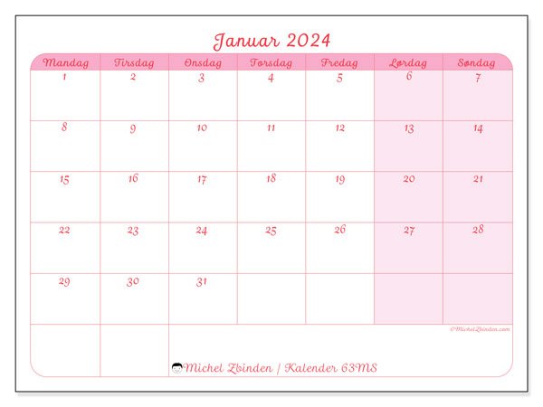Kalender januar 2024 “63”. Gratis program for utskrift.. Mandag til søndag