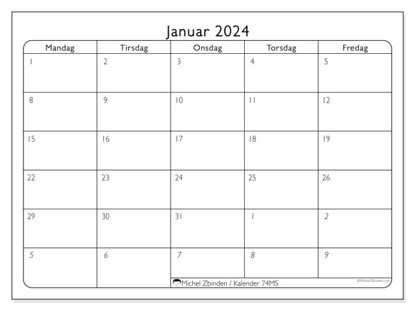 Kalender januar 2024 “74”. Gratis kalender for utskrift.. Mandag til fredag