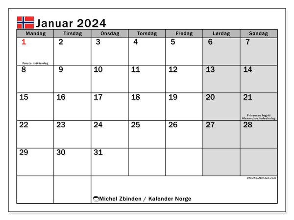 Kalender januar 2024 “Norge”. Gratis journal for utskrift.. Mandag til søndag
