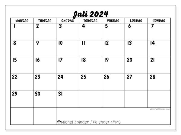 Kalender juli 2024 “45”. Gratis program for utskrift.. Mandag til søndag