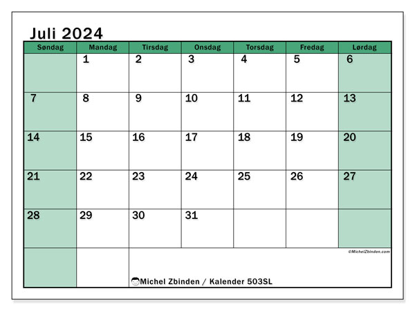Kalender juli 2024 “503”. Gratis kalender for utskrift.. Søndag til lørdag