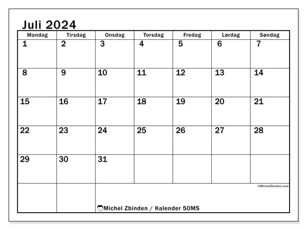 Kalender juli 2024 “50”. Gratis journal for utskrift.. Mandag til søndag