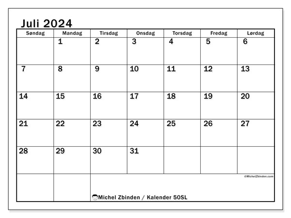 Kalender juli 2024 “50”. Gratis journal for utskrift.. Søndag til lørdag