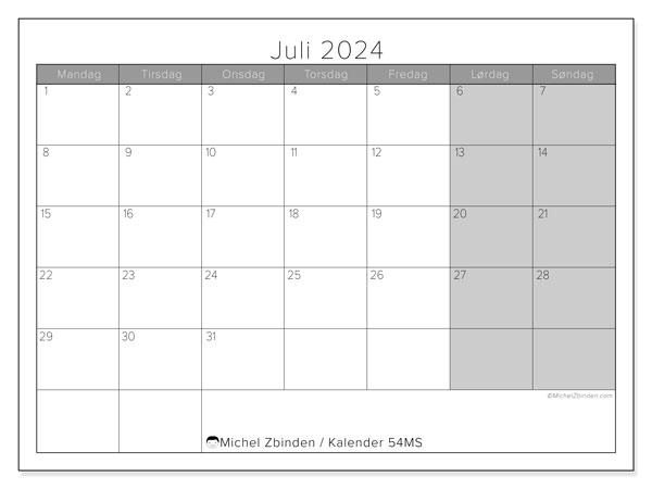 Kalender juli 2024 “54”. Gratis program for utskrift.. Mandag til søndag