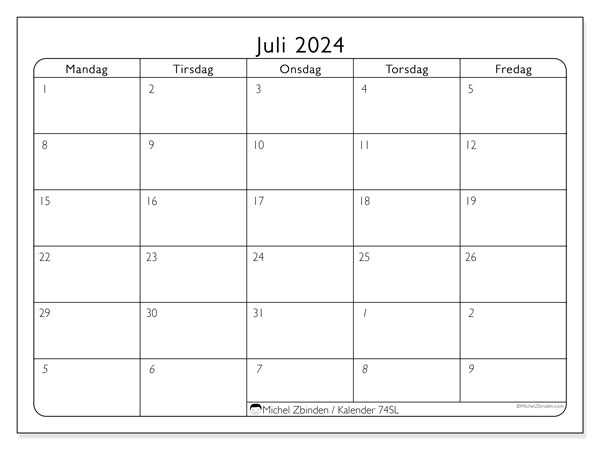 Kalender juli 2024, 74SL. Gratis journal for utskrift.