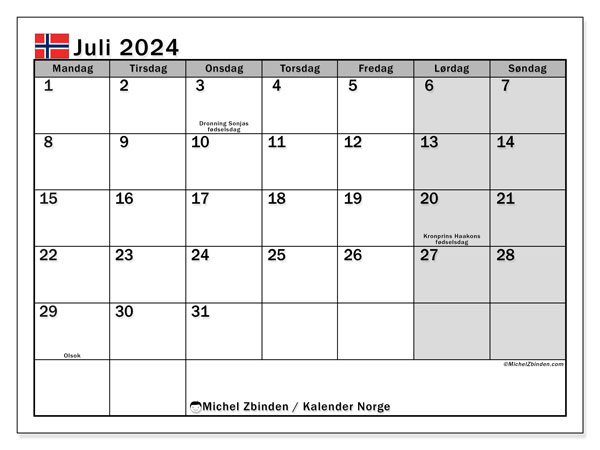 Kalendarz lipiec 2024, Norwegia (NO). Darmowy dziennik do druku.