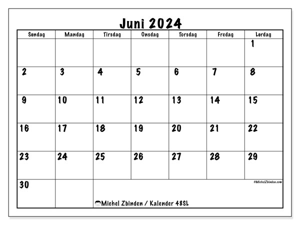 Kalender juni 2024 “48”. Gratis journal for utskrift.. Søndag til lørdag