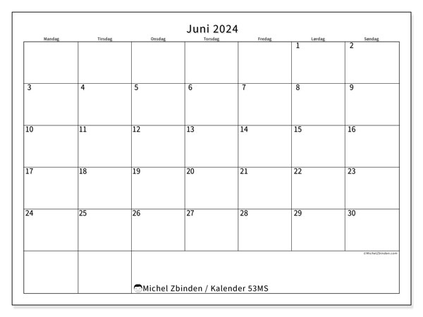 Kalender juni 2024 “53”. Gratis journal for utskrift.. Mandag til søndag
