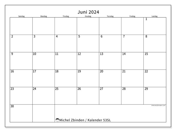 Kalender juni 2024 “53”. Gratis journal for utskrift.. Søndag til lørdag