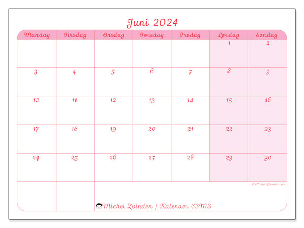 Kalender juni 2024 “63”. Gratis plan for utskrift.. Mandag til søndag