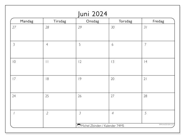 Kalender juni 2024 “74”. Gratis kalender for utskrift.. Mandag til fredag