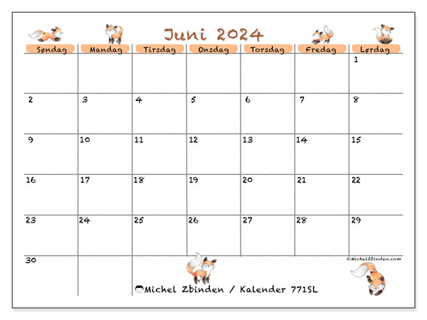 Kalender juni 2024 “771”. Gratis journal for utskrift.. Søndag til lørdag