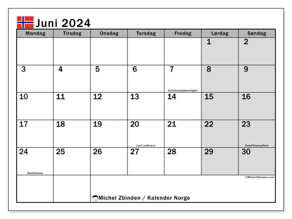 Kalendarz czerwiec 2024, Norwegia (NO). Darmowy program do druku.