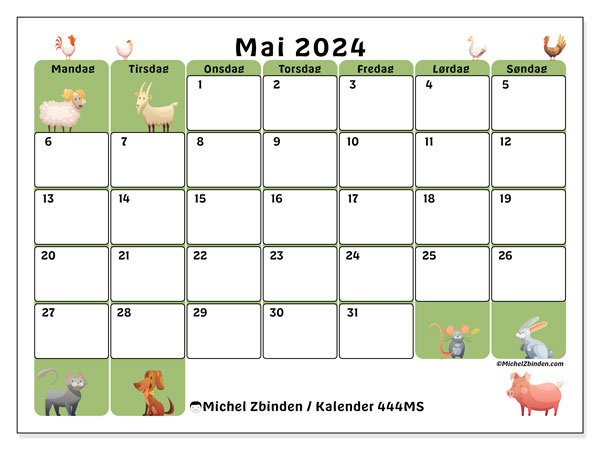Kalender mai 2024 “444”. Gratis kalender for utskrift.. Mandag til søndag