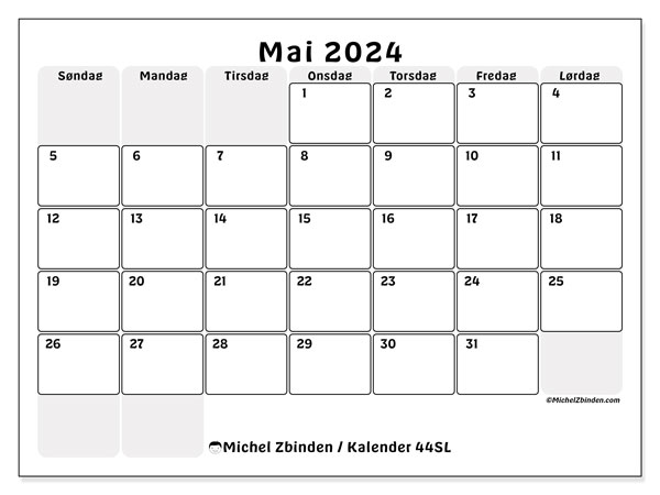 Kalender mai 2024 “44”. Gratis program for utskrift.. Søndag til lørdag