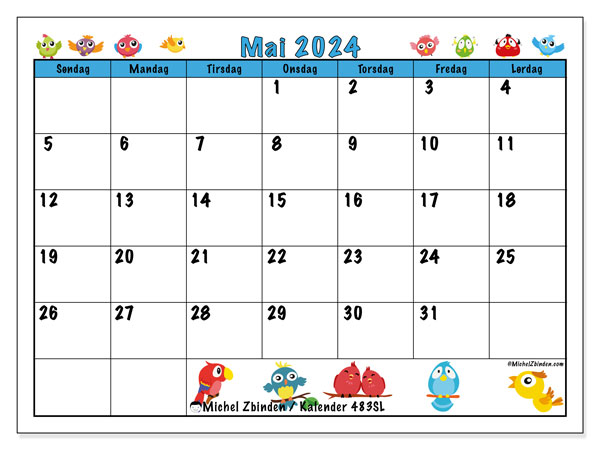 Kalender mai 2024 “483”. Gratis kalender for utskrift.. Søndag til lørdag