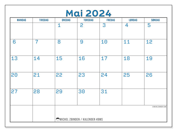 Kalender for utskrift, mai 2024, 49MS