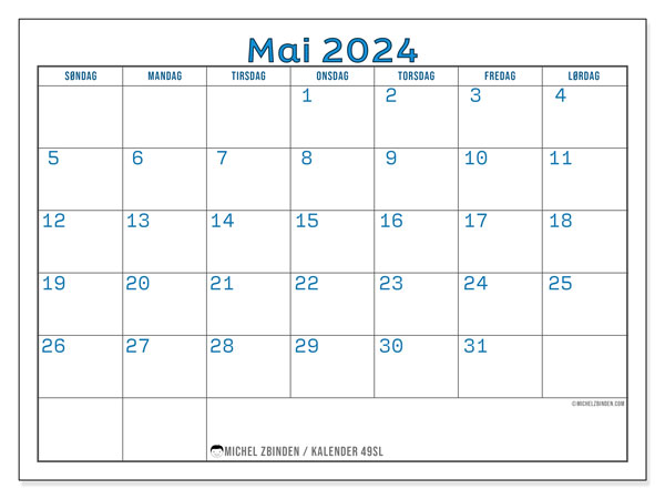 Kalender for utskrift, mai 2024, 49SL