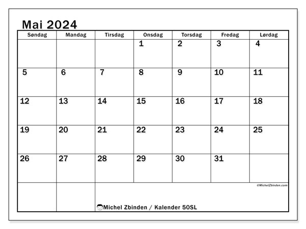 Kalender mai 2024 “50”. Gratis plan for utskrift.. Søndag til lørdag