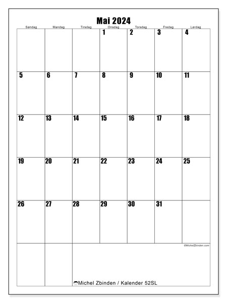 Kalender for utskrift, mai 2024, 52SL