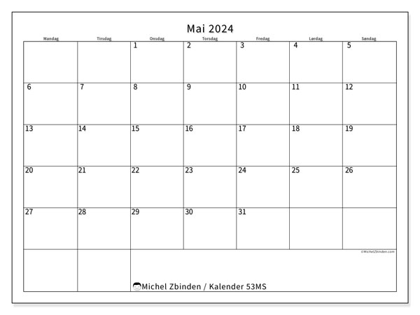 Kalender mai 2024 “53”. Gratis plan for utskrift.. Mandag til søndag