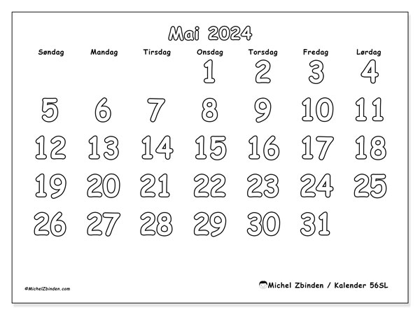Kalender mai 2024 “56”. Gratis kalender for utskrift.. Søndag til lørdag