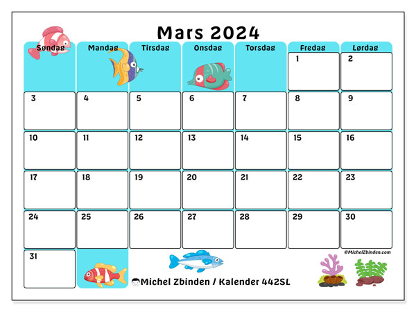 Kalender mars 2024 “442”. Gratis plan for utskrift.. Søndag til lørdag